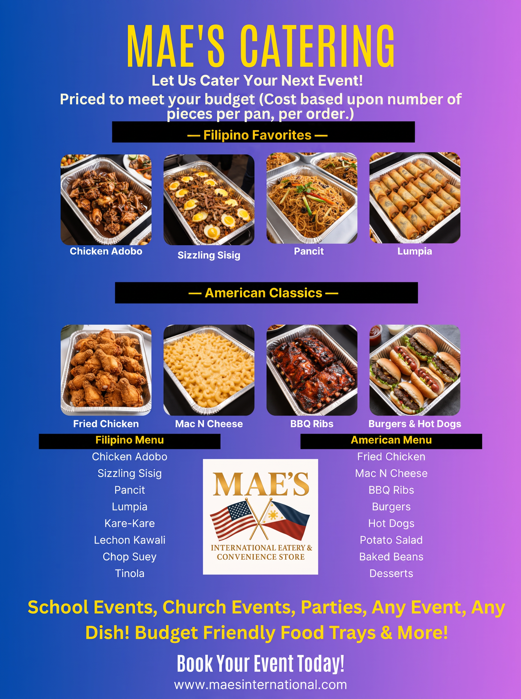 Mae's Catering menu and pricing for events